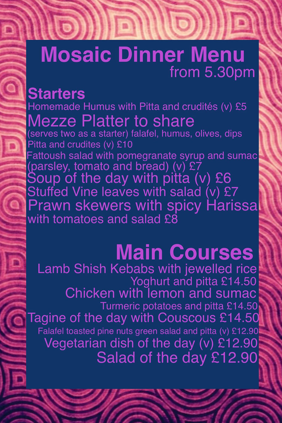 Mosaic Dinner Menu