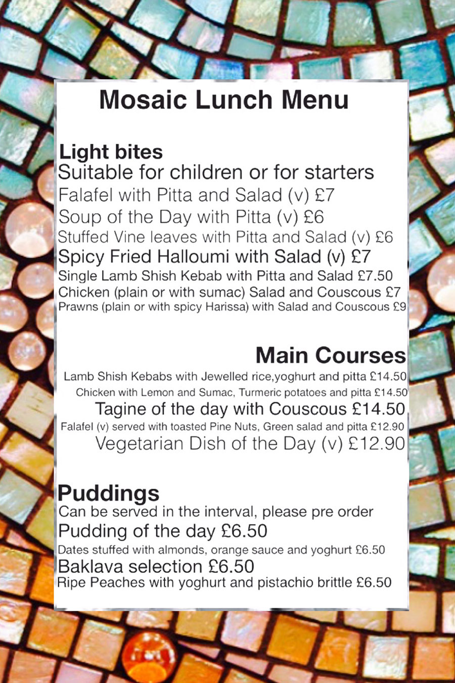 Mosaic Lunch Menu