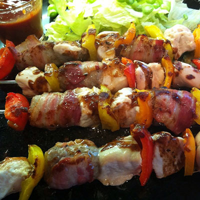 Chicken, Sausage and Bacon Kebabs